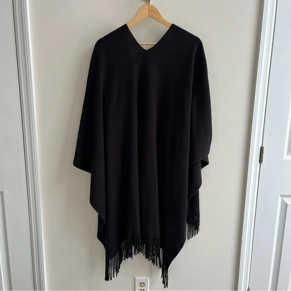 Cejon Super Soft Fringe Trim Open Front Ribbed Knit Ruana Black One Size - Picture 2 of 7